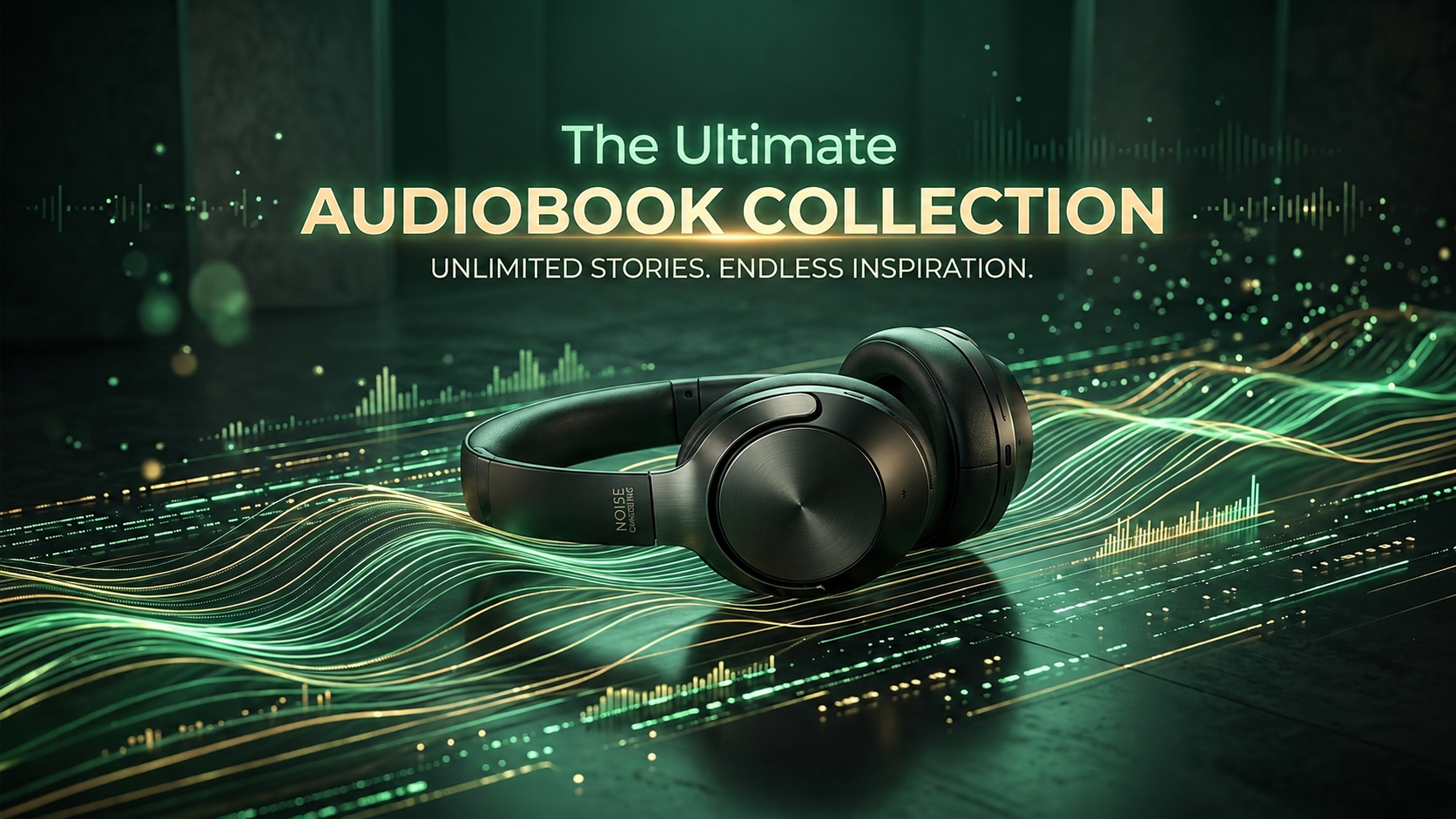 Audiobook Mega Collection with headphones and sound waves